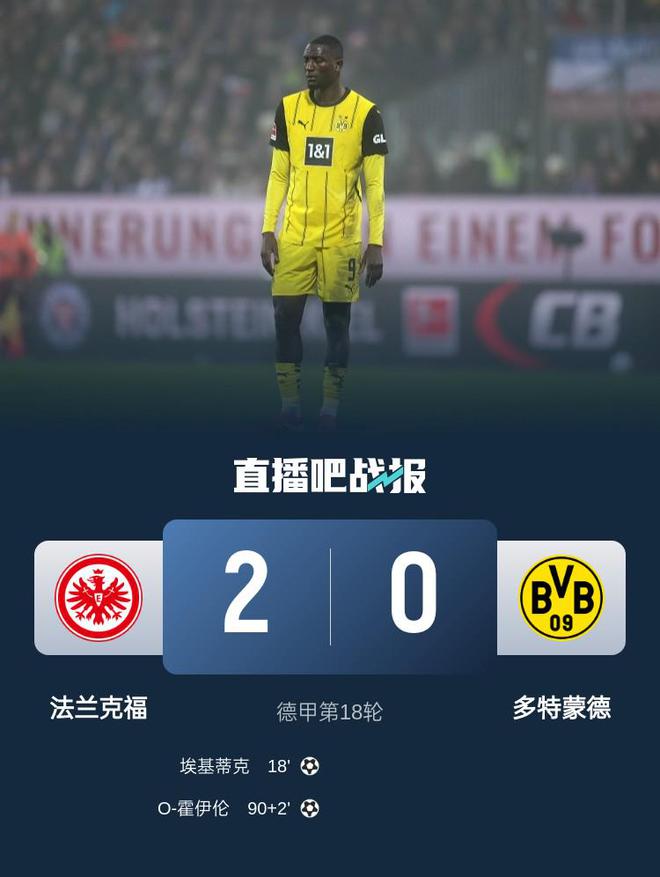 多特七輪一勝，三連敗居第十，法蘭克福勝，禁區(qū)多次倒地未判