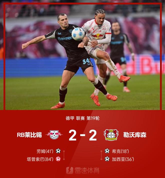 德甲速遞：維爾茨助攻，塔普烏龍球，萊比錫追平2-2。